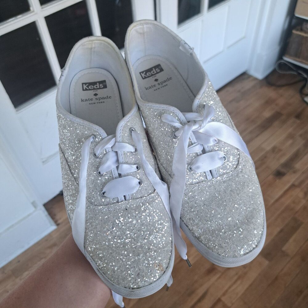 KEDS x KATE SPADE New York Champion Glitter Shoe Sneaker Silver White Womens 9.5